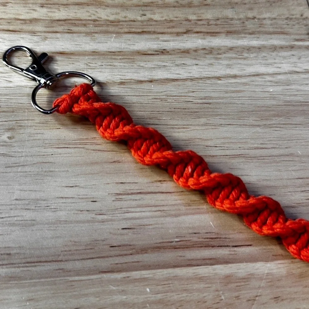 Handmade Orange Macrame Spiral Keychain Boho Cotton Bag Charm Silver Swivel Hook